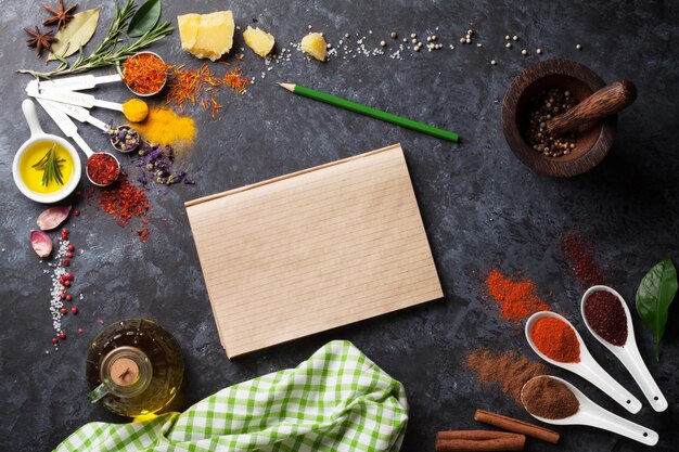 assorted spices and recipe cards